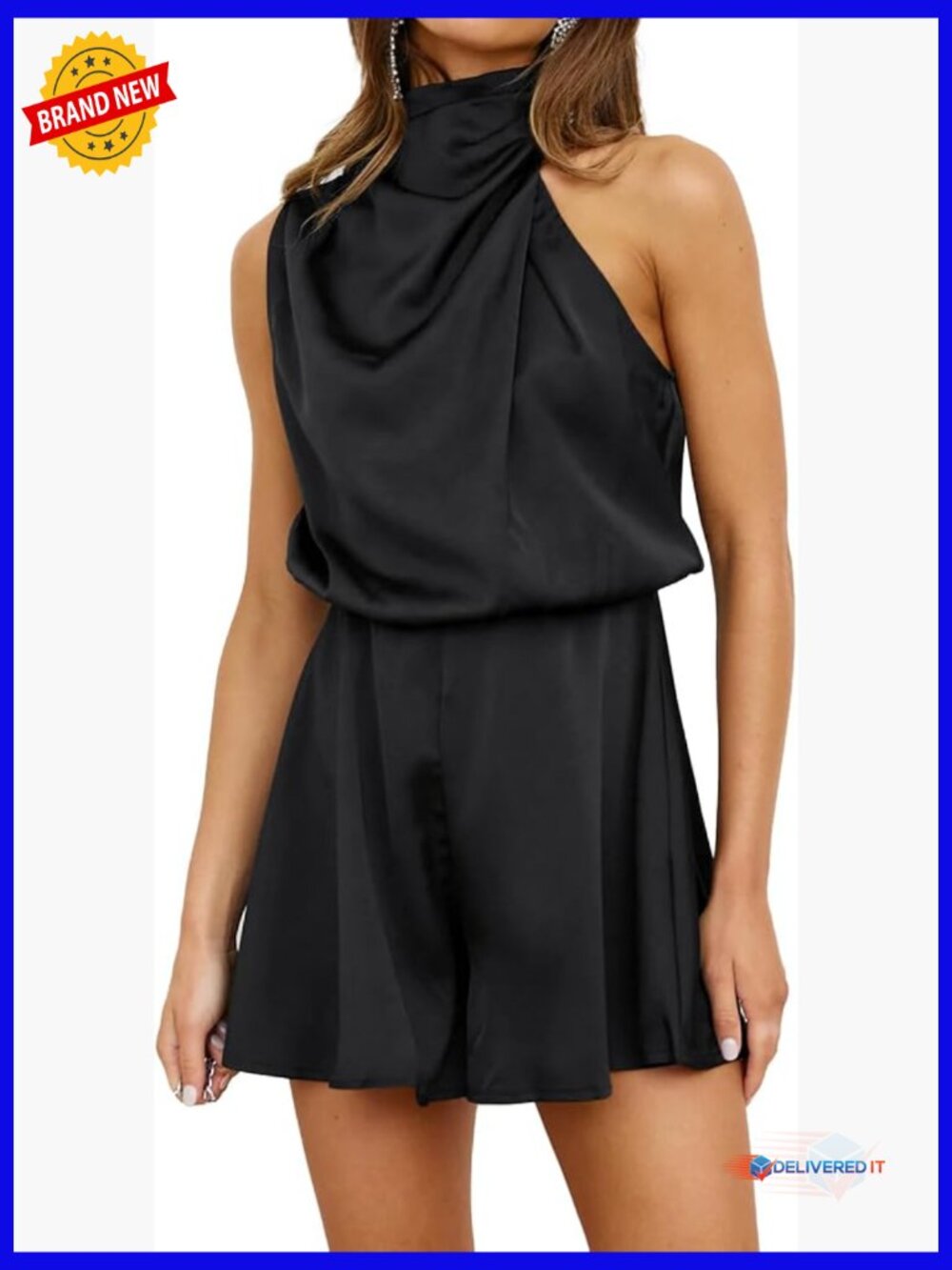 Elegant Sleeveless Mock Neck Romper Jumpsuit with Tie Waist